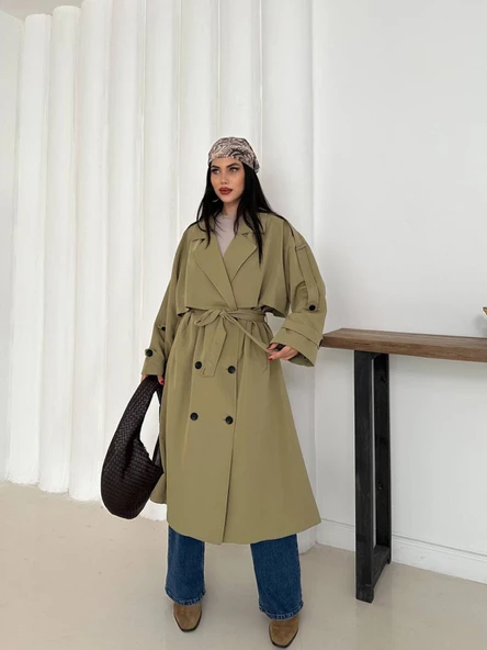 Kadın Haki Uzun Trençkot Cepli Kuşaklı Rüzgar Kapaklı Yeni Sezon Dış Giyim - Resim 7