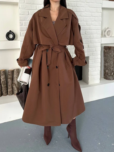 Kadın Taba Uzun Trençkot Cepli Kuşaklı Rüzgar Kapaklı Yeni Sezon Dış Giyim - Resim 6