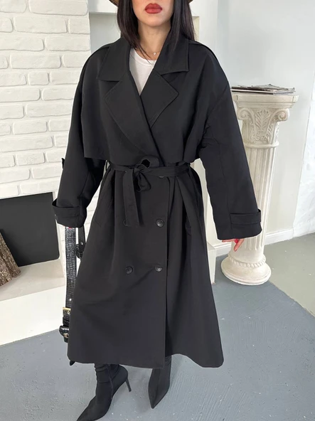Kadın Siyah Uzun Trençkot Cepli Kuşaklı Rüzgar Kapaklı Yeni Sezon Dış Giyim - Resim 5