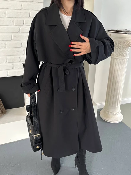 Kadın Siyah Uzun Trençkot Cepli Kuşaklı Rüzgar Kapaklı Yeni Sezon Dış Giyim - Resim 8