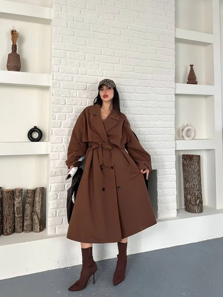 Kadın Taba Uzun Trençkot Cepli Kuşaklı Rüzgar Kapaklı Yeni Sezon Dış Giyim - Resim 3