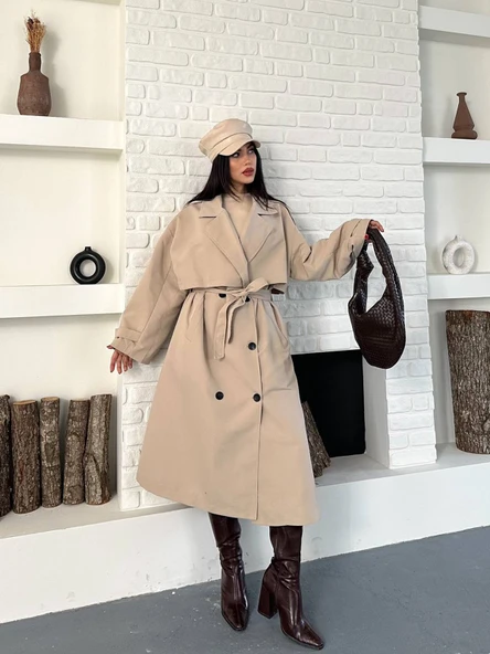 Kadın Krem Uzun Trençkot Cepli Kuşaklı Rüzgar Kapaklı Yeni Sezon Dış Giyim ürün görseli