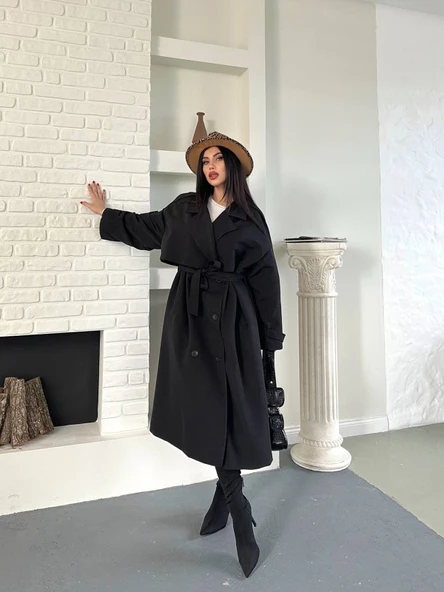 Kadın Siyah Uzun Trençkot Cepli Kuşaklı Rüzgar Kapaklı Yeni Sezon Dış Giyim - Resim 4