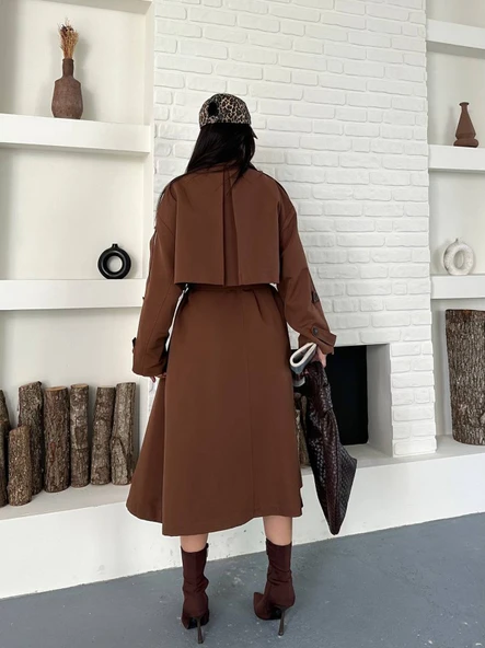 Kadın Taba Uzun Trençkot Cepli Kuşaklı Rüzgar Kapaklı Yeni Sezon Dış Giyim - Resim 5