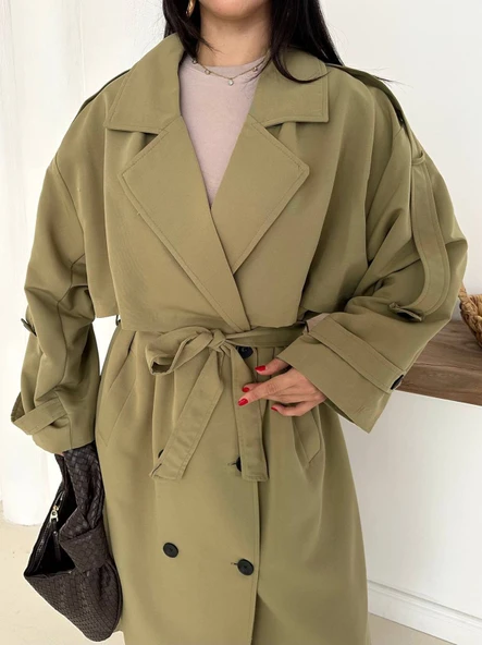 Kadın Haki Uzun Trençkot Cepli Kuşaklı Rüzgar Kapaklı Yeni Sezon Dış Giyim - Resim 6