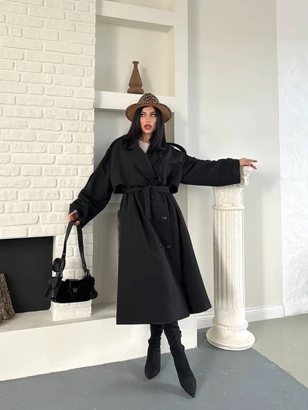 Kadın Siyah Uzun Trençkot Cepli Kuşaklı Rüzgar Kapaklı Yeni Sezon Dış Giyim ürün görseli