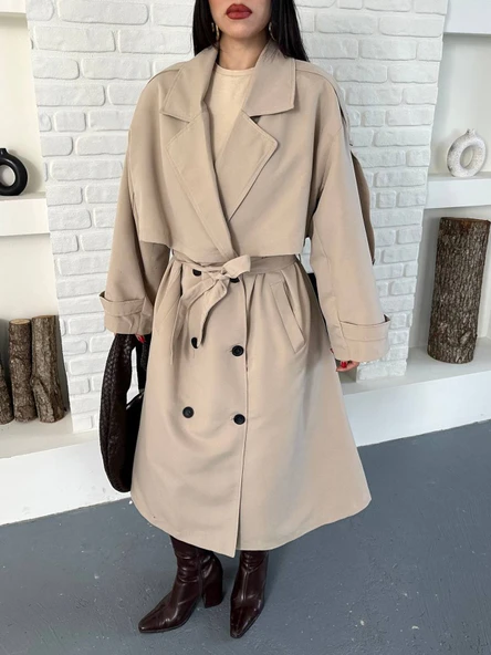 Kadın Krem Uzun Trençkot Cepli Kuşaklı Rüzgar Kapaklı Yeni Sezon Dış Giyim - Resim 2