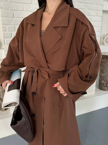 Kadın Taba Uzun Trençkot Cepli Kuşaklı Rüzgar Kapaklı Yeni Sezon Dış Giyim - Resim 4