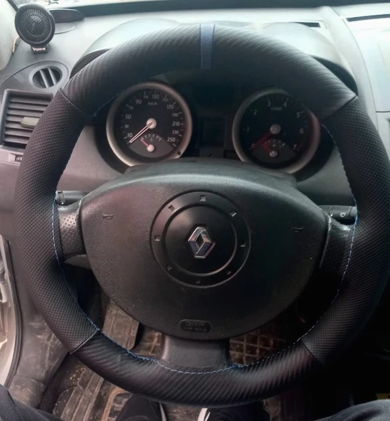 DİKİŞLİ DİREKSİYON KILIFI KARBON DERİ NOKTALI DERİ MAVİ YÜZÜK MAVİ DİKİŞLİ RENO MEGANE 2 İÇİN ürün görseli