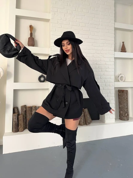 Kruvaze Yaka Düğmeli Kemerli Cepli Apoletli Kuşaklı Trençkot - Resim 7