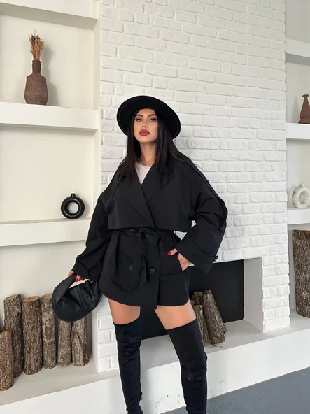 Kruvaze Yaka Düğmeli Kemerli Cepli Apoletli Kuşaklı Trençkot - Resim 5