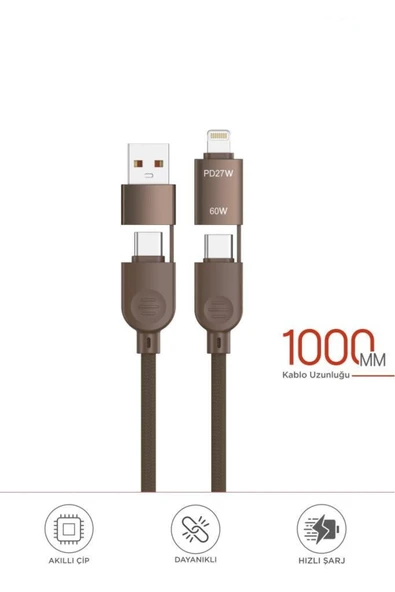 U17 4 in 1 Type-C To Type-C -Ligthning -USB Örgü 87W Şarj Kablosu