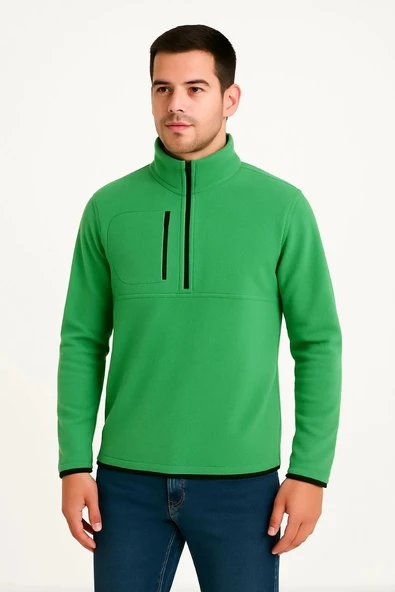 Erkek Polar Kazak – Dik Yaka, Yarım Fermuarlı, Fermuarlı Göğüs Cepli, Siyah Biyeli, Kışlık Rahat Regular Fit Günlük Mode - Resim 2