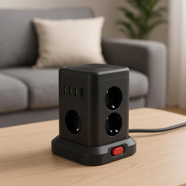 3 USB-A  1 Type C Çıkışlı Kule Tipi Akım Korumalı Çoklu Priz  Tek Tuş Kontrollü Masaüstü Tasarım - 6