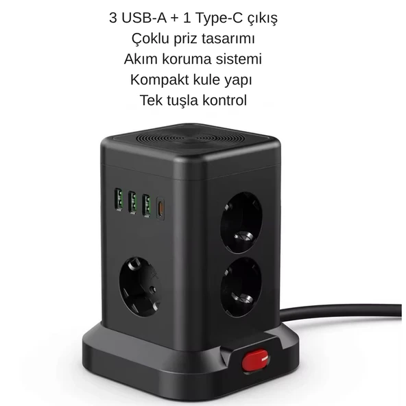 3 USB-A  1 Type C Çıkışlı Kule Tipi Akım Korumalı Çoklu Priz  Tek Tuş Kontrollü Masaüstü Tasarım - 2