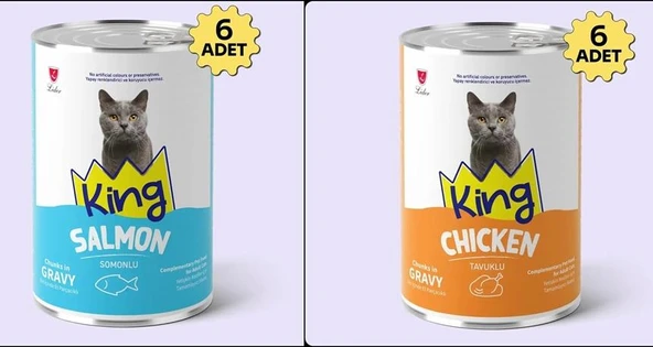King Sos İçerisinde Et Parçacıklı Tavuklu ve Somonlu Kedi Konservesi 400 Gr*12 Adet ürün görseli
