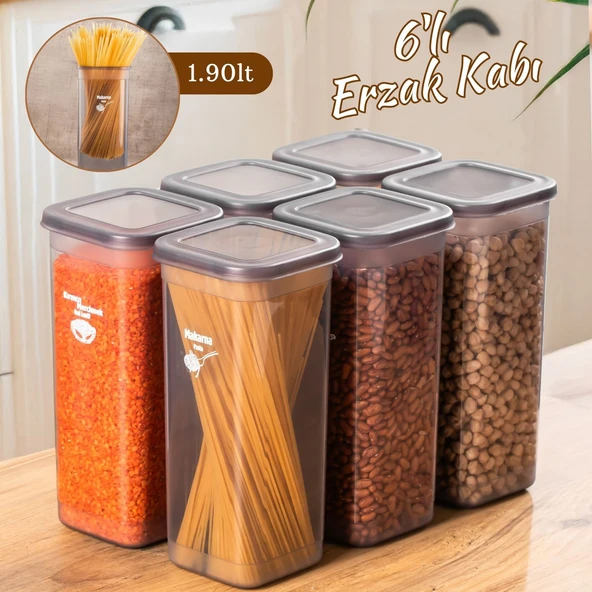 432 GR 6lı Etiketli Kare Un Erzak Bakliyat Saklama Kabı Takımı Seti 1.90 Lt - Gri - 1