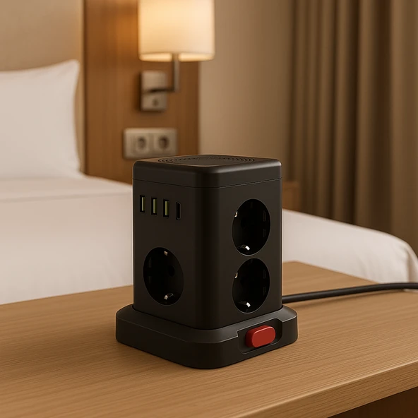3 USB-A  1 Type C Çıkışlı Kule Tipi Akım Korumalı Çoklu Priz  Tek Tuş Kontrollü Masaüstü Tasarım - 7