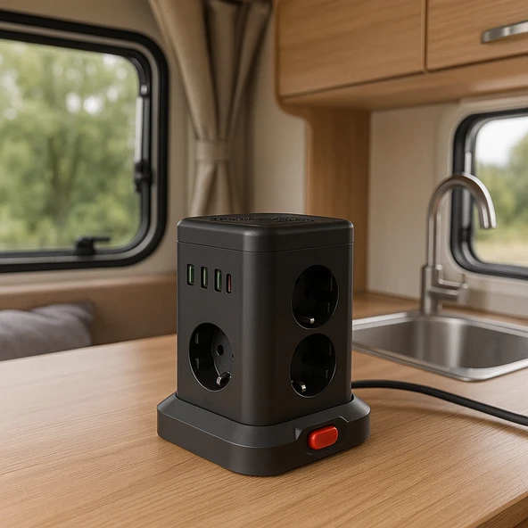 3 USB-A  1 Type C Çıkışlı Kule Tipi Akım Korumalı Çoklu Priz  Tek Tuş Kontrollü Masaüstü Tasarım - 5