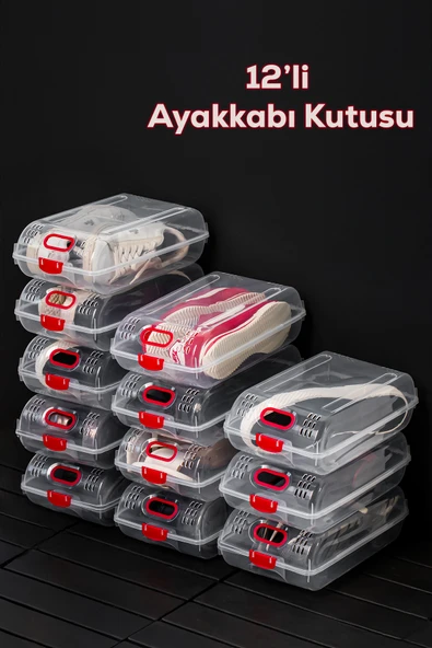 Porsima 204-12 Kadın ve Çocuk Ayakkabı Saklama Kutusu - Şeffaf Pratik Ayakkabı Kabı Düzenleyici Saklama Seti 12 Adet