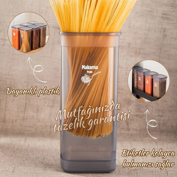 432 GR 6lı Etiketli Kare Un Erzak Bakliyat Saklama Kabı Takımı Seti 1.90 Lt - Gri - 2