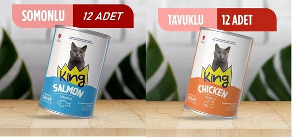 KKing Sos İçerisinde Et Parçacıklı Tavuklu ve Somonlu Kedi Konservesi 400 Gr*24 Adet ürün görseli