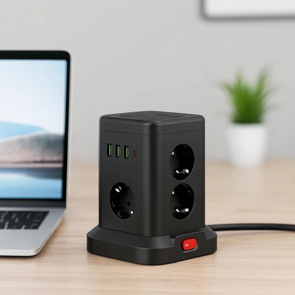 3 USB-A  1 Type C Çıkışlı Kule Tipi Akım Korumalı Çoklu Priz  Tek Tuş Kontrollü Masaüstü Tasarım - 4