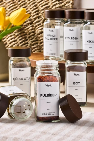 Perotti Raul Woody 12'li Akasya Kapak Baharatlık Seti 120ml + 30 Etiket 16779 Kahverengi - Resim 4