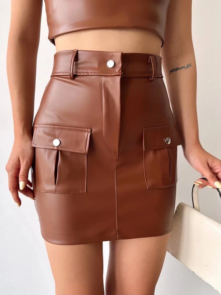 Önden iki cepli deri etek kahve h240040 - Resim 3