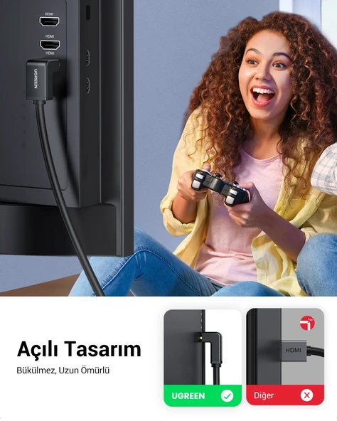 UGREEN HDMI 4K Cable Male to Male 90 Degree Black 2m, 10173 - Resim 2