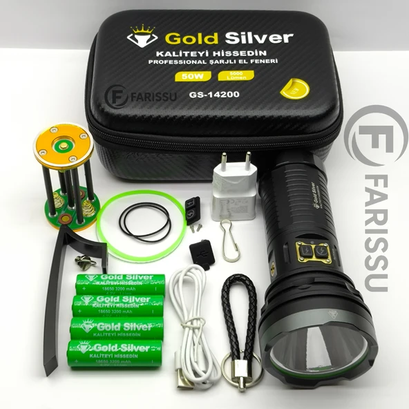 Gold Silver GS-14200 Profesyonel Şarjlı El Feneri 50W 5000 Lümen - Powerbank Özellikli - 5
