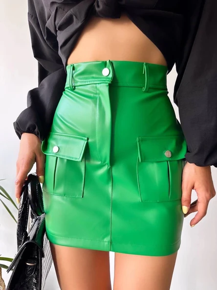 Önden iki cepli deri etek yeşil h240040 - Resim 3