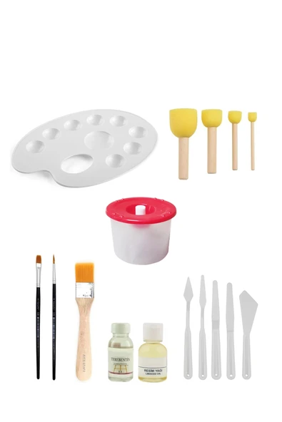 Palet Ponpon Fırça Düz Yuvarlak Fırça Resim Yağı Terebentin Su Kabı Plastik Spatula Seti Zemin Fırça - 1