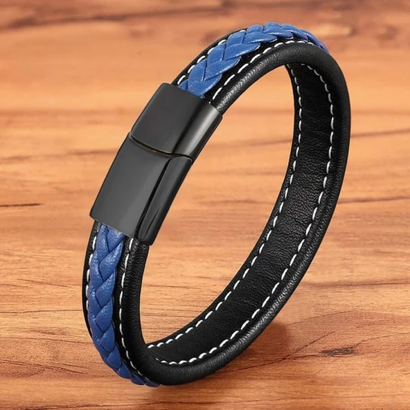 Lacivert & Siyah Saç Örgülü Deri Ve Çelik Bileklik 31833B8D11 - Resim 3