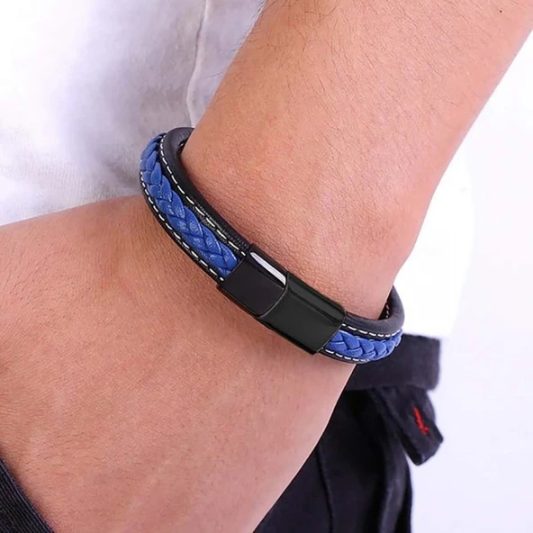 Lacivert & Siyah Saç Örgülü Deri Ve Çelik Bileklik 31833B8D11 - Resim 2