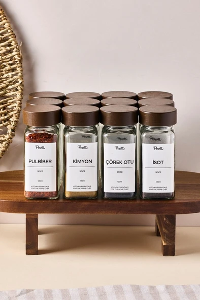 Perotti Raul Woody 12'li Akasya Kapak Baharatlık Seti 120ml + 30 Etiket 16779 Kahverengi - Resim 2