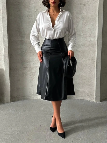 Komple parçalı deri etek siyah h26441 - Resim 7