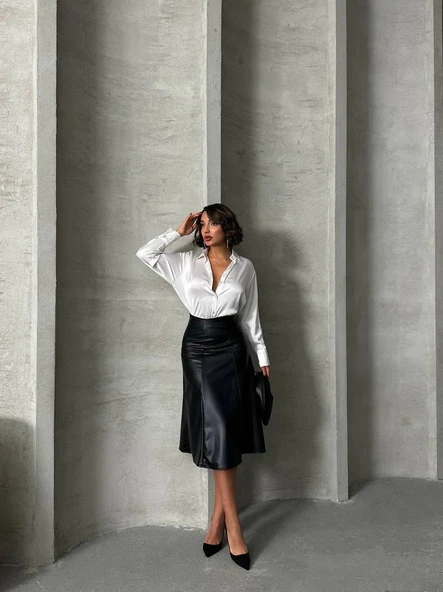 Komple parçalı deri etek siyah h26441 - Resim 2