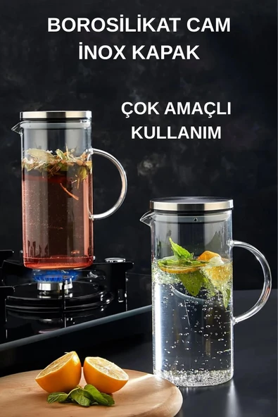 Çelik Kapaklı Vakumlu Borosilikat Cam Yağlık Sirkelik Sütlük Sürahi 1500 ml - Resim 3