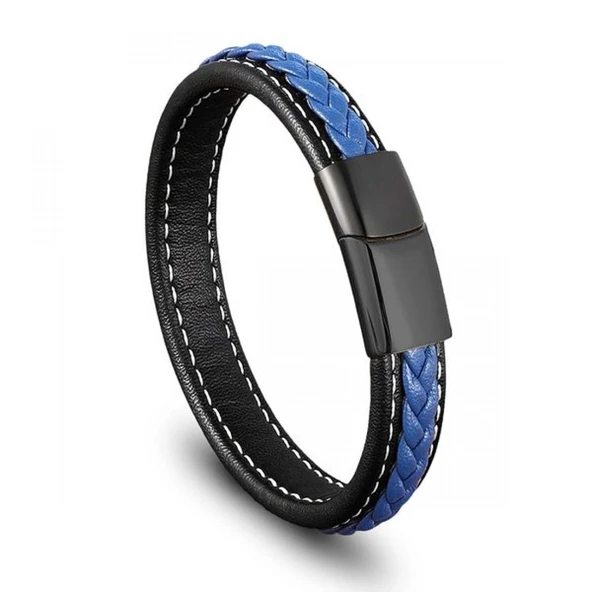 Lacivert & Siyah Saç Örgülü Deri Ve Çelik Bileklik 31833B8D11 ürün görseli 1