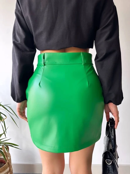 Önden iki cepli deri etek yeşil h240040 - Resim 2