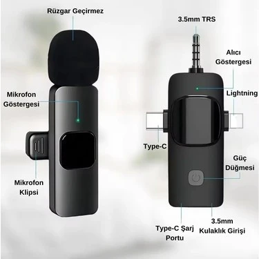 SIFIR ÜRÜN !!! Platoon Pl-2452 2 Adet Type-c, Lightning, Aux Girişli Mini Yaka Mikrofonu APPLE ANDROID UYUMLU - 2
