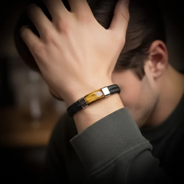 Kaplan Gözü Taşlı Siyah Deri Erkek Çelik Bileklik 31834B6D1 - Resim 2