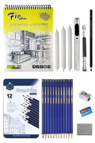 Fio A5 Spiralli Eskiz Defteri 90 gr Keep Smiling Karakalem Çizim Seti 12'li Eskiz Seti Sketching Set ürün görseli