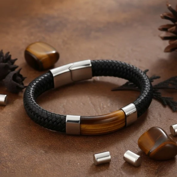 Kaplan Gözü Taşlı Siyah Deri Erkek Çelik Bileklik 31834B6D1 - Resim 4