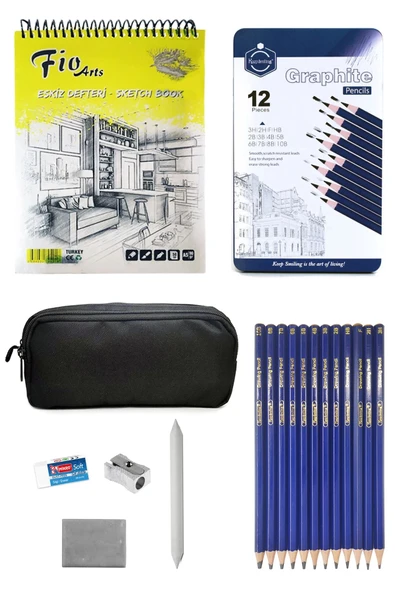 Fio A5 Spiralli Eskiz Defteri 90 gr Keep Smiling Karakalem Çizim Seti 12'li Kalemlikli Eskiz Seti ürün görseli