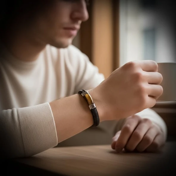 Kaplan Gözü Taşlı Siyah Deri Erkek Çelik Bileklik 31834B6D1 - Resim 3