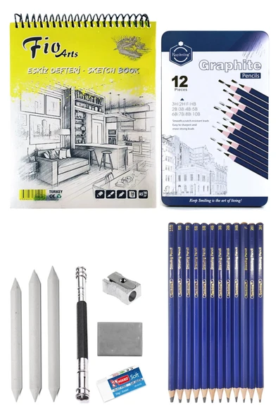 Fio A5 Spiralli Eskiz Defteri 90 gr Keep Smiling Dereceli Kalem Seti 12'li Karakalem Çizim Eskiz Set ürün görseli