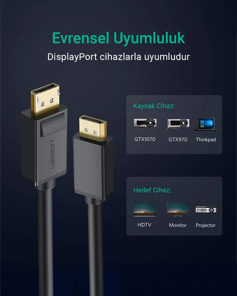 UGREEN 4K 60Hz Displayport to Displayport Kablo, Siyah, 3 Metre, 10212 - Resim 4