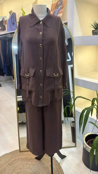 Nuss 1025 Tam Boy Düğmeli Pantolonlu Takım KAHVE - Resim 3